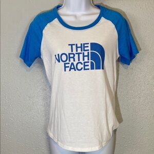 The North Face Blue and White Short Sleeve Tee